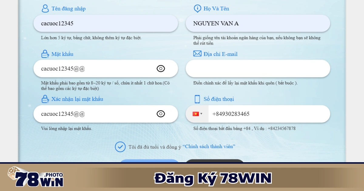 Điều kiện & yêu cầu để đăng ký 78WIN hợp lệ